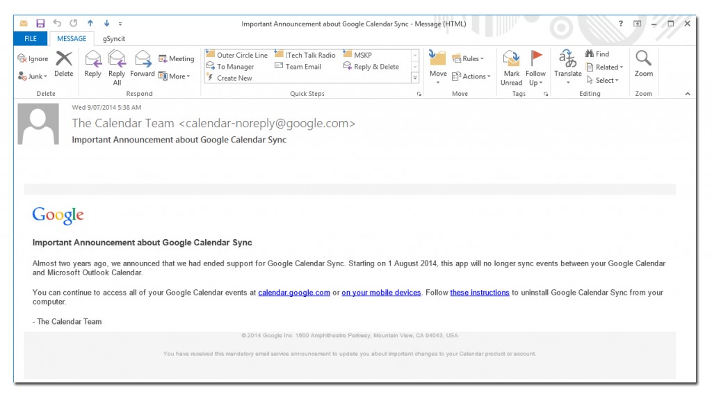 Google's Calendar Sync plugin will cease to function in August 2014